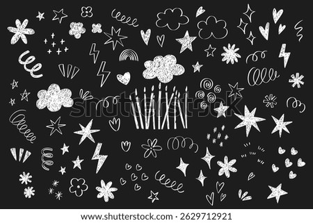 Set of grunge naive emo doodle elements. Handwriting hearts, stars, sparkle, movement and motion expressions. Crayon pencil scribbles. Happy Birthday cute element