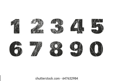 Set of grunge numbers with peeled metal texture. Distressed vector illustration. Isolated one, two, three, four, five, six, seven, eight nine zero for design