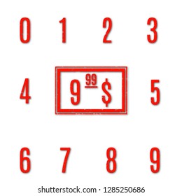 Set grunge numbers from zero to nine for price tags, isolated on white background, vector illustration.