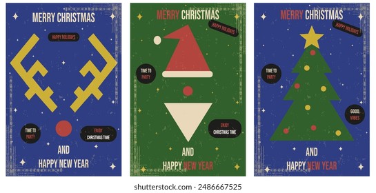 Set Grunge old fashion Christmas party poster design. Boho Groovy style XMAS greeting card collection. Xmas poster cover pack. Y2K Vector illustration	
