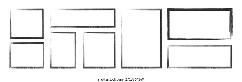 Conjunto de marco de contorno grunge. Conjunto de marco abstracto dibujado a mano. Pinceladas de tinta. Doodle cuadrado y rectángulo Formas. Ilustración vectorial	