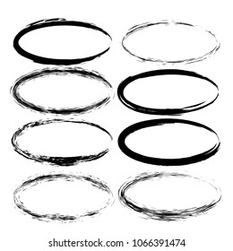 Set of grunge oval frames. Collection of black borders.  Vector illustration.