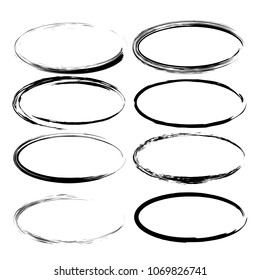 Set of grunge oval frames. Collection of black borders. Vector illustration.