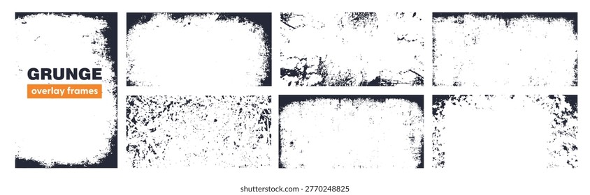 Set of grunge overlay frame and background with grime and rugged effect. Border collection with vintage texture.