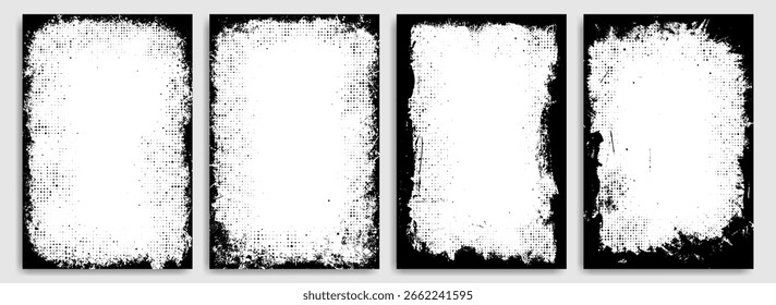 Set von Grunge-Overlay-Rahmen, Luxus-Textur, Comic-Hintergrund, Aquarell Silhouette und Social Media Business-Banner mit Halbtoneffekt und Pinselstrich. Zerrissenes Papier, Graffiti oder Fotocollage