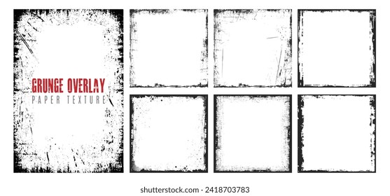 Conjunto de marco de textura superpuesta de grunge con trazo de pincel de tinta y efecto de papel roto o rasgado. Grungy patrón de superposición vintage para plantilla de medios sociales. Diseño de fondo fotográfico retro para el arte de banner de negocios.