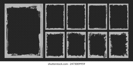 Set of grunge overlay texture frame, torn paper effect or dirty paint brush stroke background. Vector grunge border, distressed banner and watercolor layout. Vintage silhouette art or scratch pattern.