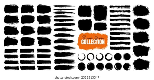 Set of grunge paint brush stroke, ink splash, dirty splatter, frame, banner, line and grungy watercolor texture. Black stain or freehand spray for ornament design. Brushstroke in social media template