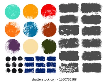 Set of grunge post stamps, circles and rectangles. Blank shapes. Banners, insignias, logos, icons, labels and badges collection. Distress textures. Vector illustration. Isolated on white background.