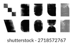 Set of grunge post stamps, geometric shapes with ink roller texture, rectangle, square, oval. Letterpress vintage forms, linocut elements vector illustration isolated on transparent background