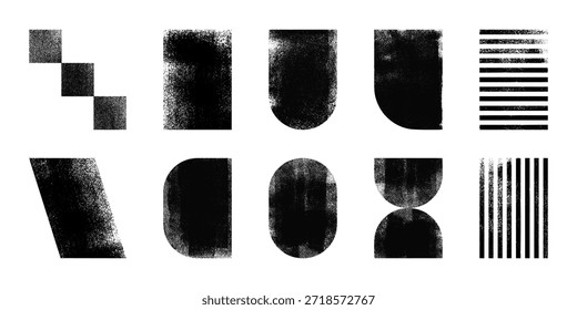 Conjunto de sellos postales grunge, Formas geométricas con textura de rodillo de tinta, rectángulo, cuadrado, óvalo. Formas de la vendimia de la tipografía, Ilustración vectorial de los Elementos del linocut aislada en fondo transparente