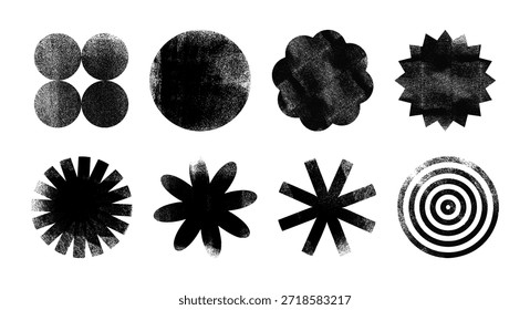 Set of grunge postage stamp geometric shapes with ink roller texture, circle, flower, star. Letterpress vintage figures. Linocut relief printing vector illustration isolated on transparent background