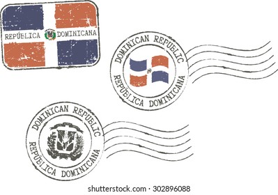 Set of grunge postal stamps ''Dominican republic''. English and spanish inscription