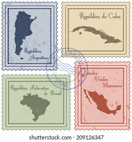 set of grunge postal stamps of Latin America countries