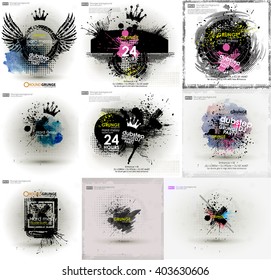 Set grunge poster background. Grunge print for t-shirt. Abstract dirt backgrounds texture. Grunge banner with an inky dribble strip with copy space. Abstract background for party. Vector illustration