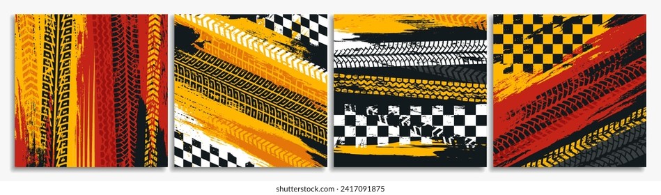 Set of grunge posters with Rally racing sport. Covers with traces of racing car tires and checkered flag. Dirty marks of high speed auto. Cartoon flat vector illustrations isolated on white background