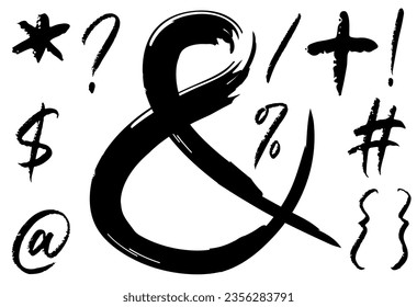 set grunge punctuation marks. Render isolated punctuation marks with paint brush strokes, Punctuation check mark sign ink chalk flat set. 