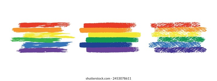 Set of grunge rainbow pride LGBT flags. Different flag textures hand drawn with a ink, crayon and chalk. Vector illustration isolated on white background.