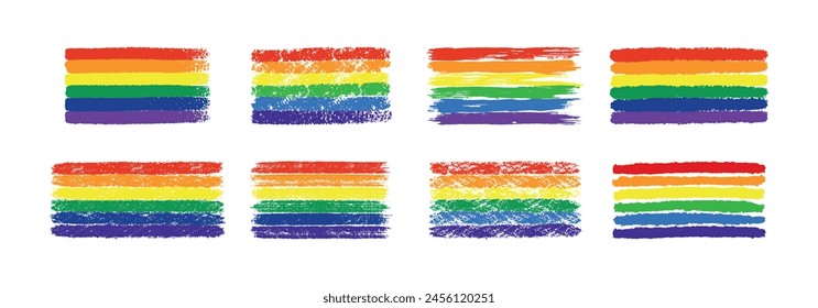 Set of grunge rainbow pride LGBT flags. Different flag textures hand drawn with a ink, crayon and chalk. Vector illustration isolated on white background.