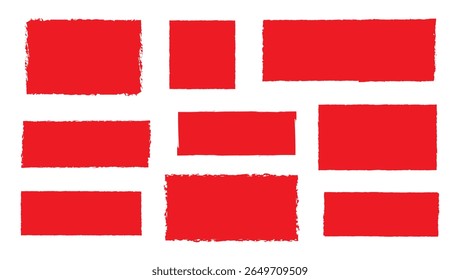 Conjunto de traçados de pincel retangular Grunge, tiras de tinta vermelhas. Coleção de pincéis abstratos.  Traçado do pincel retangular, pincel de tinta, linhas grunge. Formas grunge, conjunto, vermelho isolado no fundo branco,