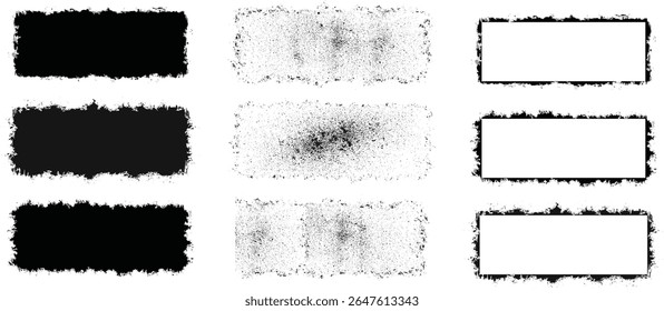 Conjunto de texturas de retângulo grunge com bordas angustiadas, efeitos de manchas espalhadas e quadros pretos ásperos no layout de grade 3x3, elementos de vetor de alto contraste


