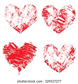 Set of grunge red color figures - hearts. Isolated on white background. Elements for love cards, wedding invitations, Valentines Day holidays design.