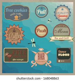 Set of grunge retro labels for the food industry. EPS10, transparent elements.