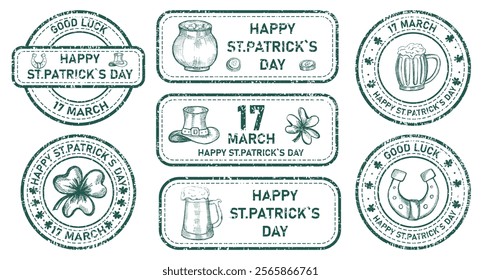 Set of grunge retro rubber stamps with clover, leprechaun hat, beer mugs Great for Happy St Patrick's day. Vector elements