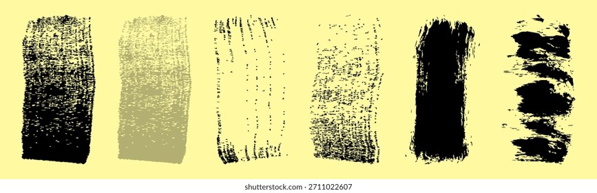 Set von farbig gerollten Stempeltexturen handgefertigt mit Brayer. Vintage raue Rechteck vertikale Hintergründe. Linolschnitt, Reliefdruck, Formen, Vektorgrafik einzeln auf gelbem Hintergrund