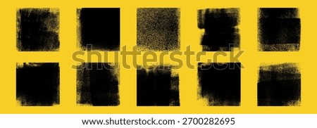 Set of grunge rolled ink stamp textures handmade with brayer. Eroded letterpress vintage rough square backgrounds. Linocut relief printing shapes vector illustration isolated