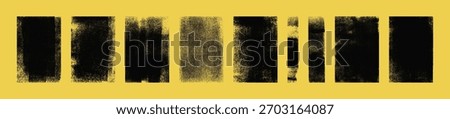 Set of grunge rolled ink stamp textures handmade with brayer. Letterpress vintage rough rectangle vertical backgrounds. Linocut relief printing shapes vector illustration isolated on yellow background