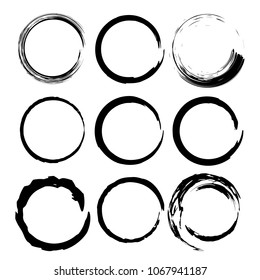 Set of grunge round frames. Collection of black borders. Vector illustration.