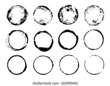 Set of Grunge Round Frames from cup prints. Art painted texture, distress stamps, isolated