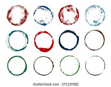 Set of grunge round frames from cup prints, red, blue, green, brown. Art painted texture, distress stamps, isolated. Colorful collection for badges, labels, business cards. Brush look.