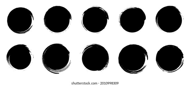 Set of grunge round shapes. Black circle brush stroke. Paint brush stamp collection isolated on white background