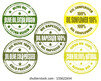 Set of grunge rubber stamp with different vegetable oils,vector illustration