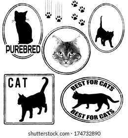 Set of grunge rubber stamps with cat inside, vector illustration