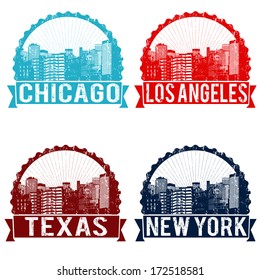 Set of grunge rubber stamps of Chicago, Los Angeles, Texas and New York on white, vector illustration