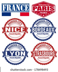 Set of grunge rubber stamps with names of France cities, vector illustration