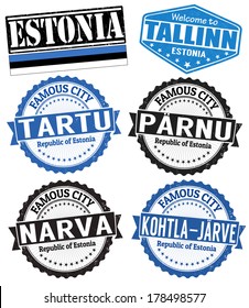 Set of grunge rubber stamps with names of Estonia cities, vector illustration