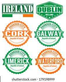 Set of grunge rubber stamps with names of Ireland cities, vector illustration
