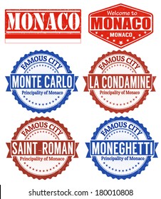 Set of grunge rubber stamps with names of Monaco cities, vector illustration