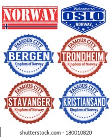 Set of grunge rubber stamps with names of Norway cities, vector illustration