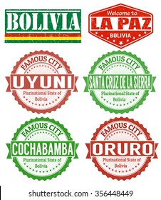 Set of grunge rubber stamps with names of Bolivia cities, vector illustration