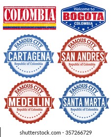 Set of grunge rubber stamps with names of Colombia cities, vector illustration