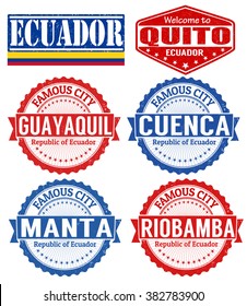 Set of grunge rubber stamps with names of Ecuador cities, vector illustration