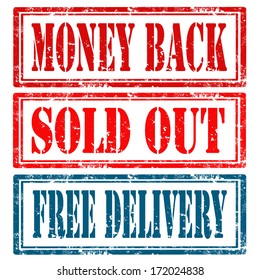 Set of grunge rubber stamps with text Money Back,Sold Out and Free Delivery,vector illustration
