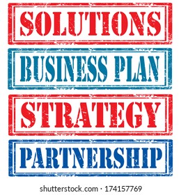 Set of grunge rubber stamps with text Solutions,Business Plan,Strategy and Partnership,vector illustration
