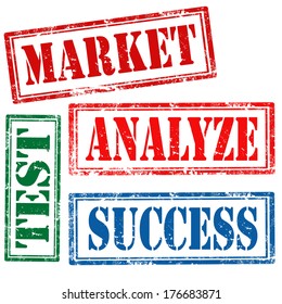 Set of grunge rubber stamps with text Market,Analyze,Test and Success,vector illustration