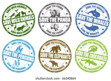 Set Of Grunge Rubber Stamps With The Text Save Wild Animals, Panda, Whales,penguins,elephants And Penguins